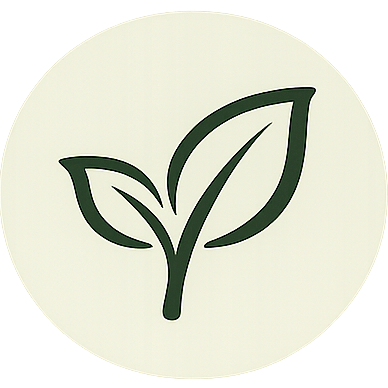 Circular logo with a green leaf on a beige background